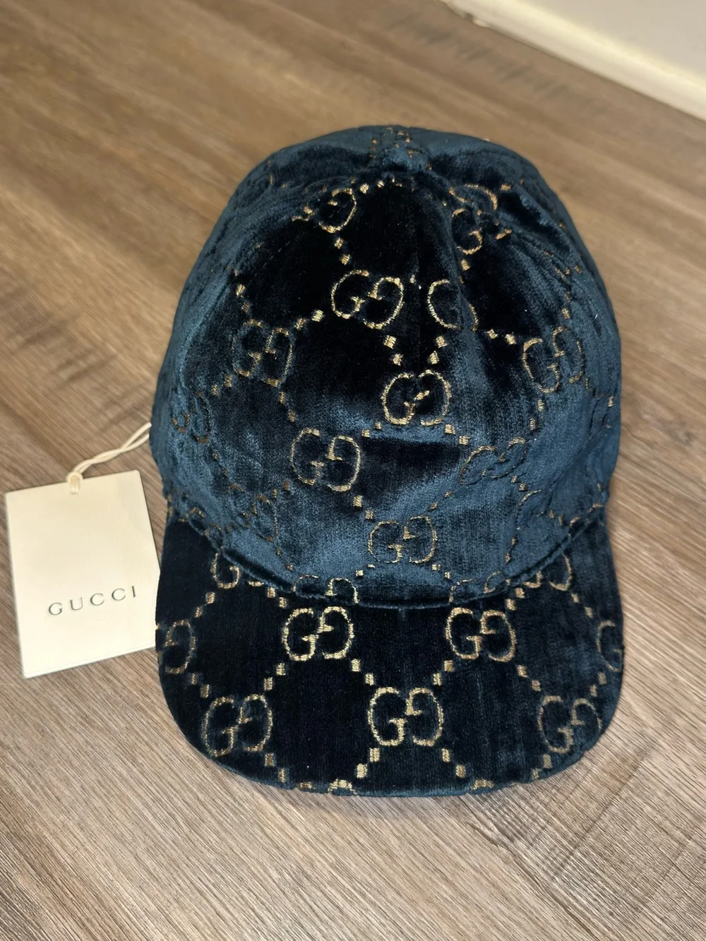 Gucci Double GG Logo Sapphire Blue Gold Velvet Baseball Cap Hat